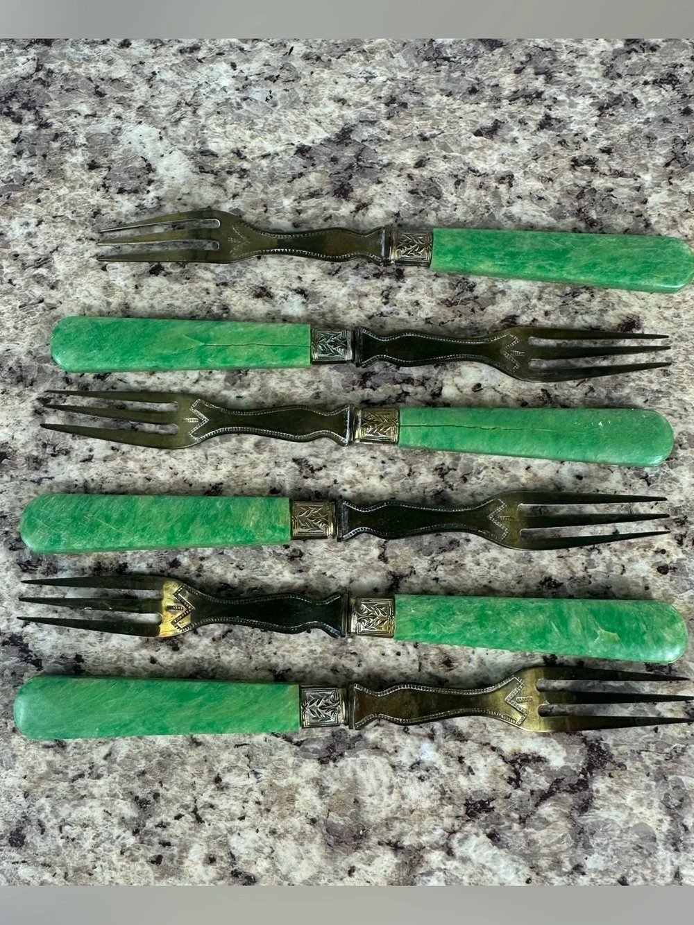 Set of 12 Antique French Vermeil Green Handle Fruit Service Flatware Fork Knife